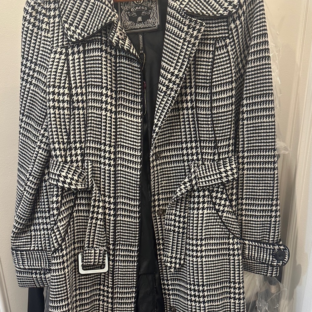 Guess by Marciano Black and White Houndstooth Trench Coat